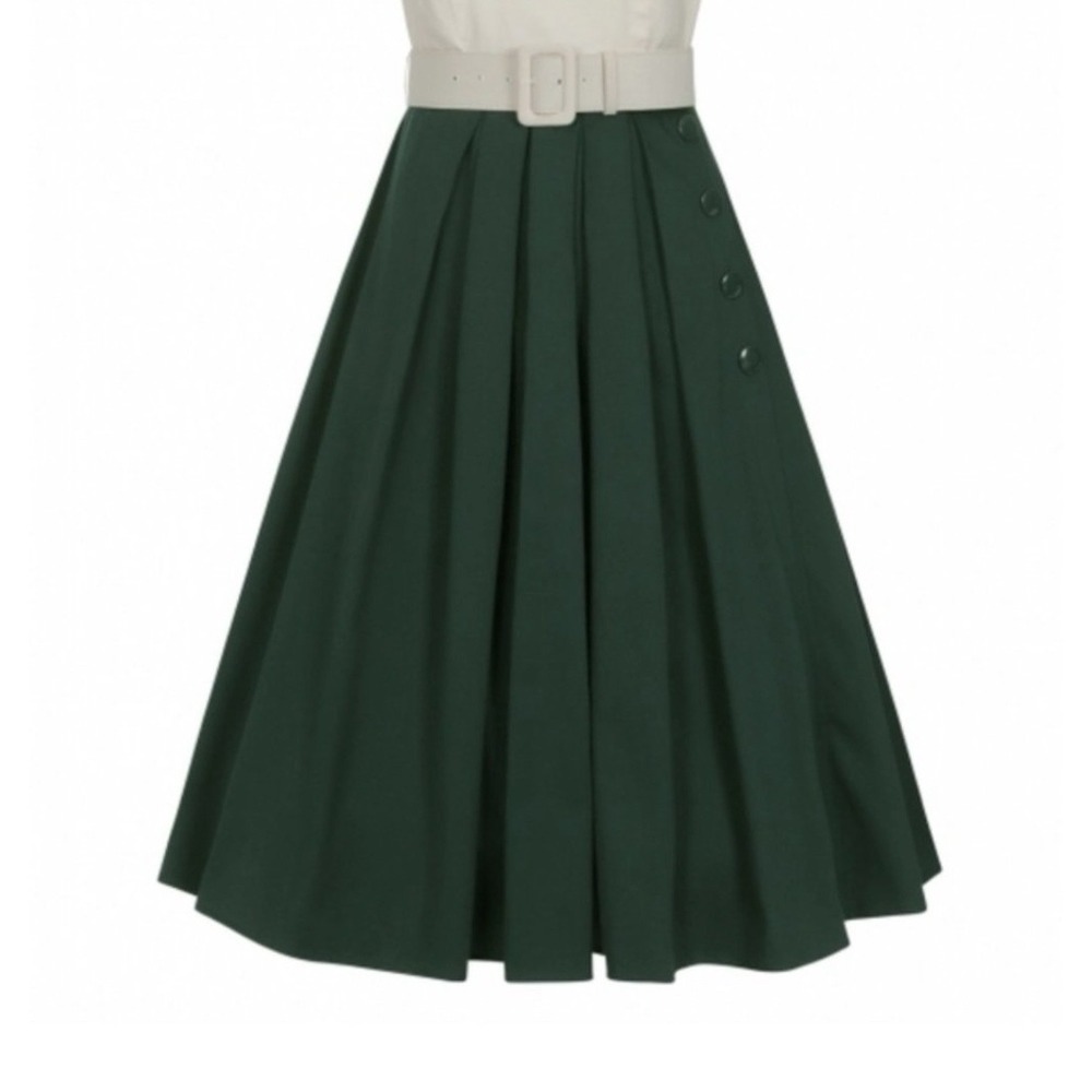 Collectif Color-block MidiSwing Dress matching belt, Dark Green&Cream US 18 UK22 - Picture 2 of 15